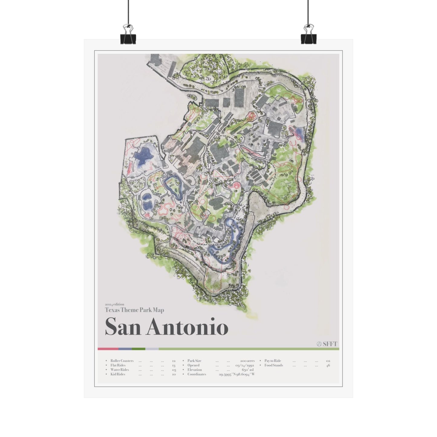 12x16 Six Flags Fiesta Texas Inspired Theme Park Map