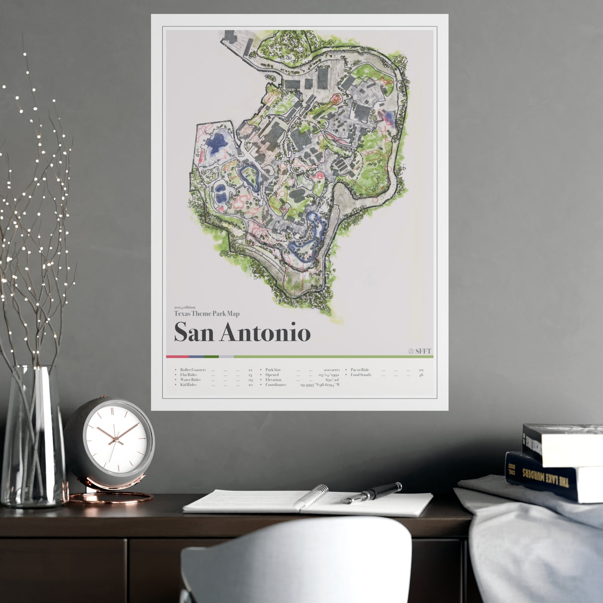 San Antonio Texas theme park map print shown framed in a room