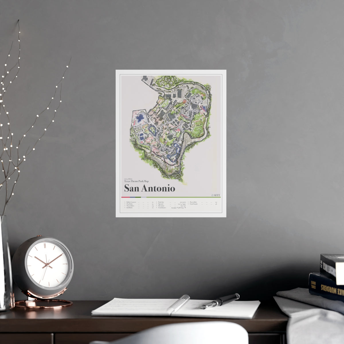 San Antonio Texas theme park map print, 12x16, shown framed in a room