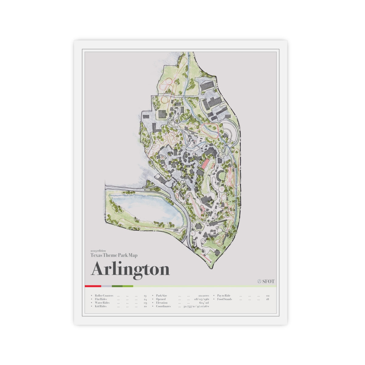 Arlington Texas theme park map print, 12x16 matte, by Coaster Expressions
