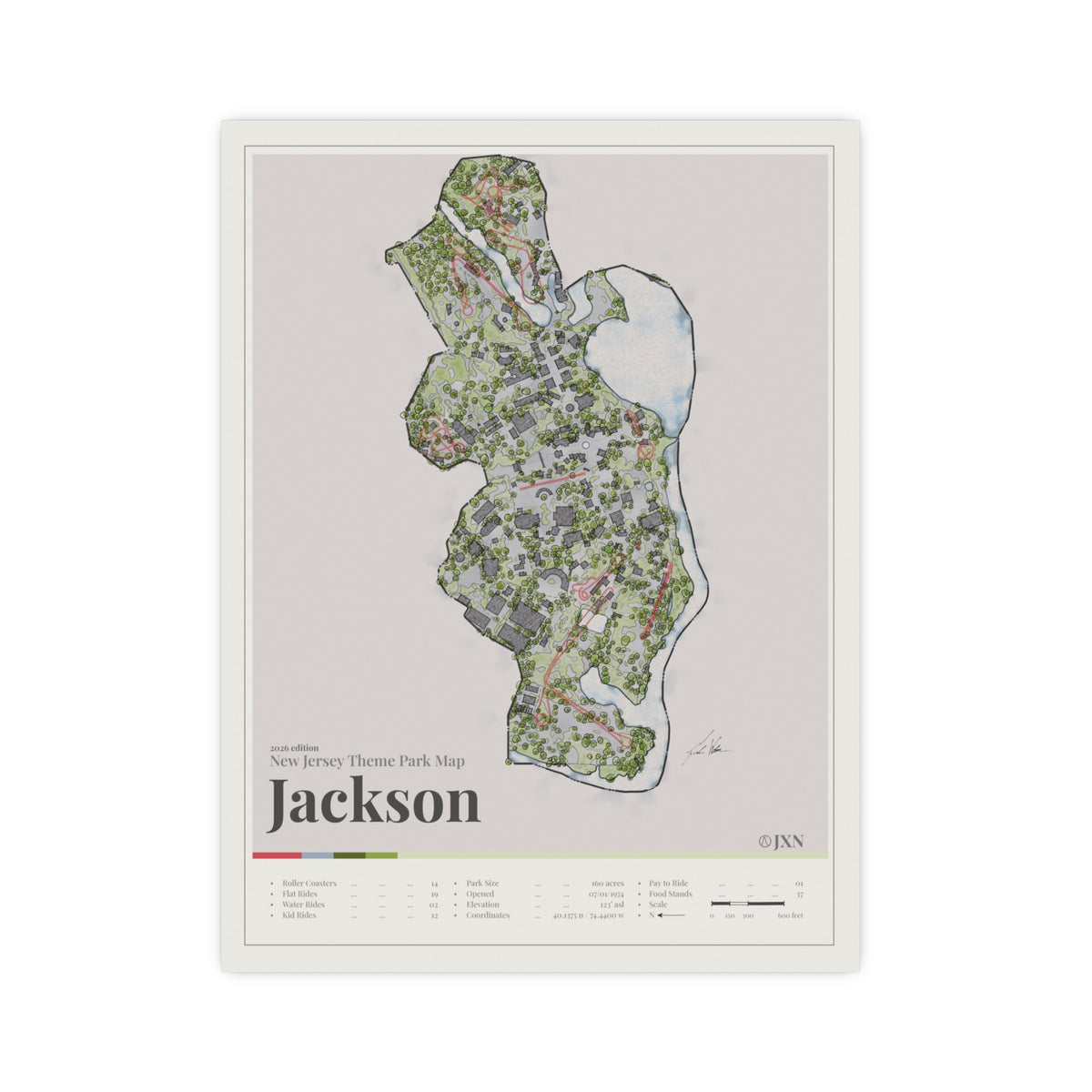 Jackson New Jersey theme park map print, 12x16 matte, by Coaster Expressions