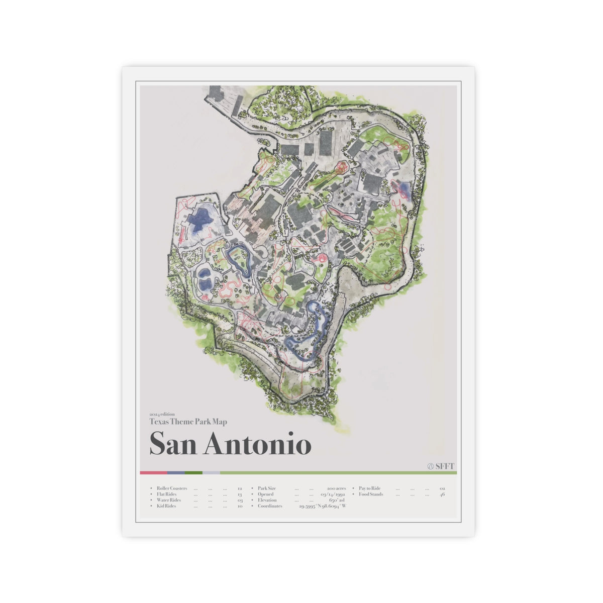 San Antonio Texas theme park map print, 12x16 matte, by Coaster Expressions