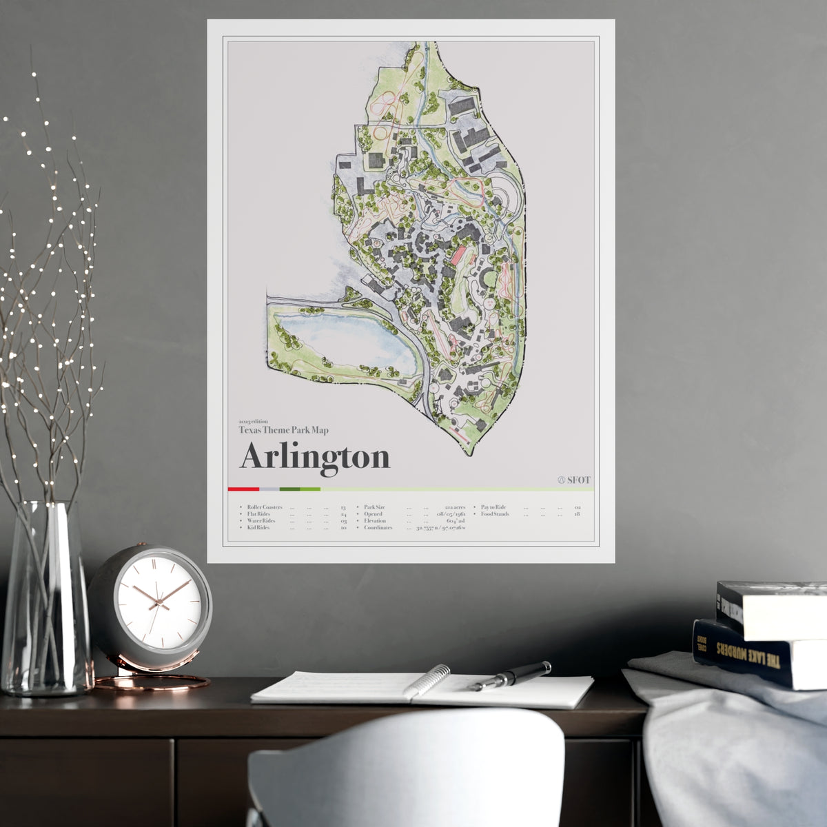 Arlington Texas theme park map print shown framed in a room