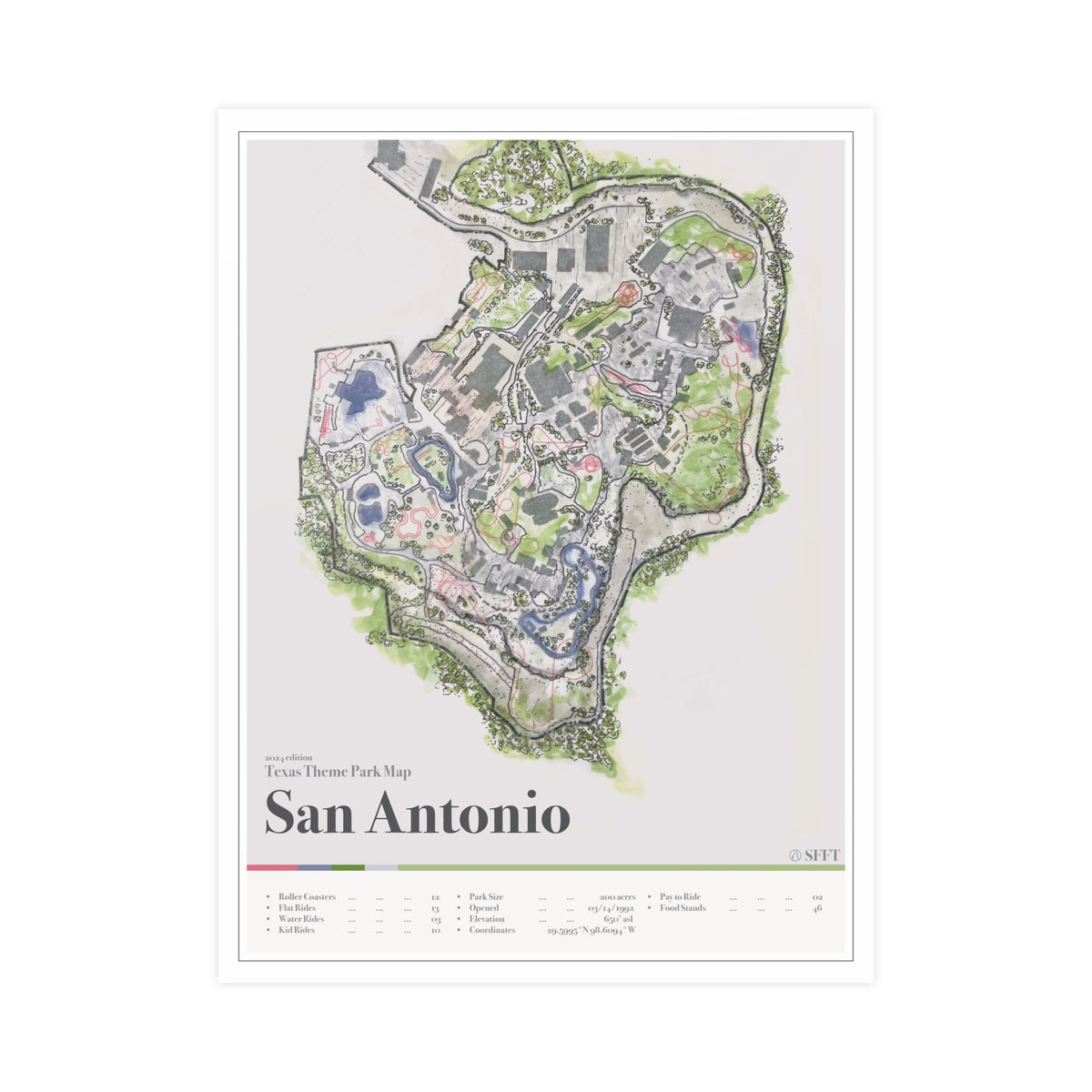 San Antonio Texas theme park map print, 18x24 matte, by Coaster Expressions