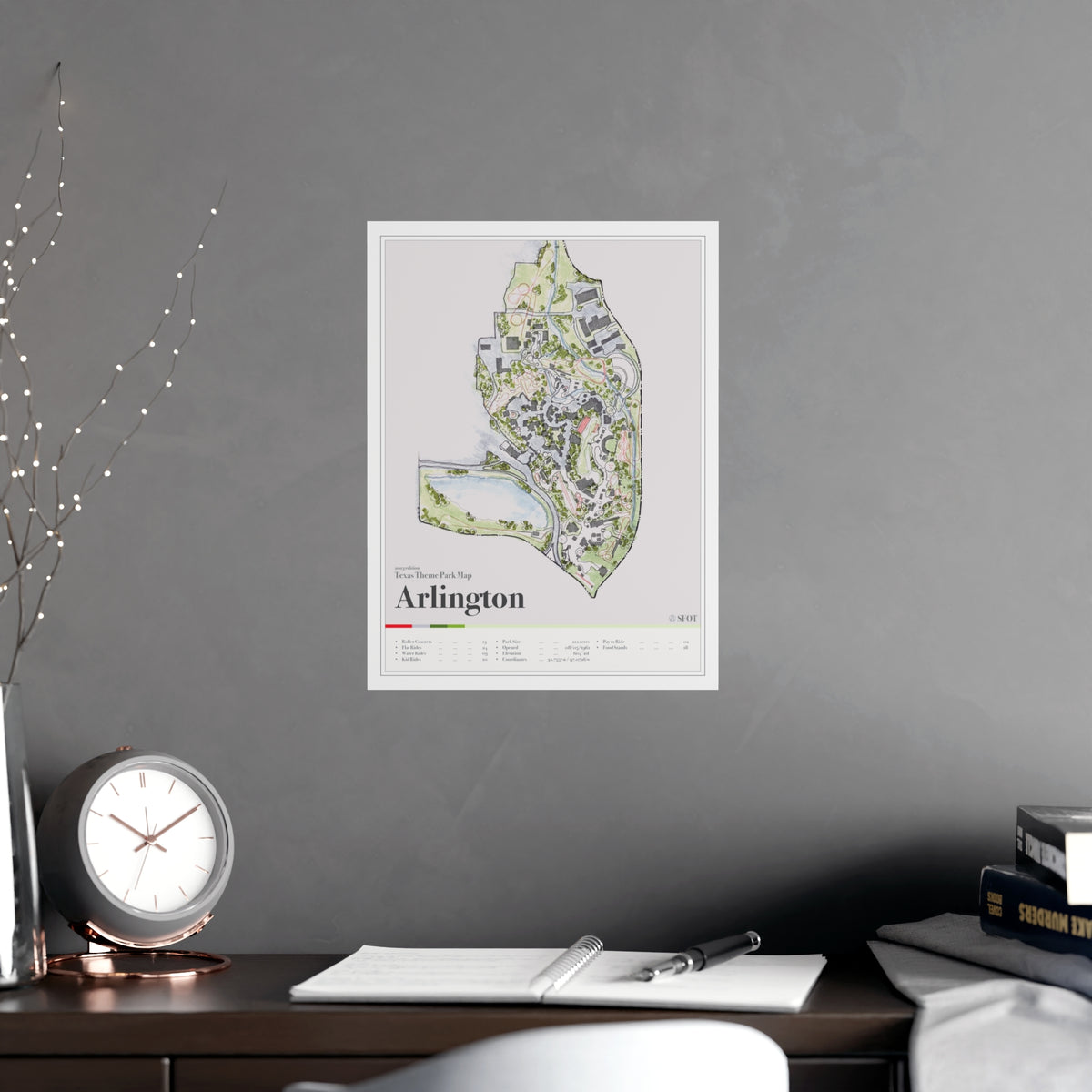 Arlington Texas theme park map print, 12x16, shown framed in a room