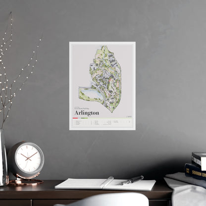 Arlington Texas theme park map print, 12x16, shown framed in a room