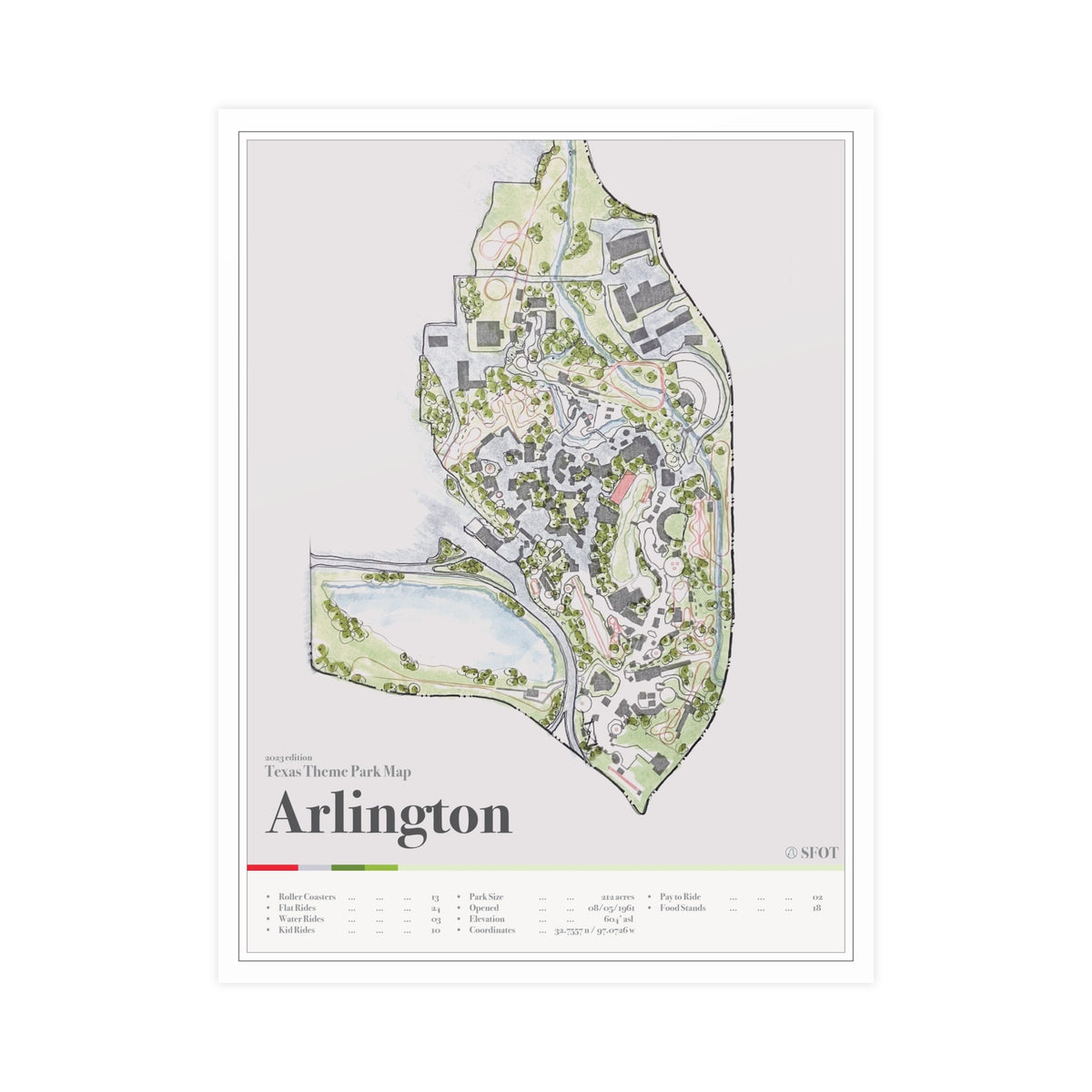 Arlington Texas theme park map print, 18x24 matte, by Coaster Expressions