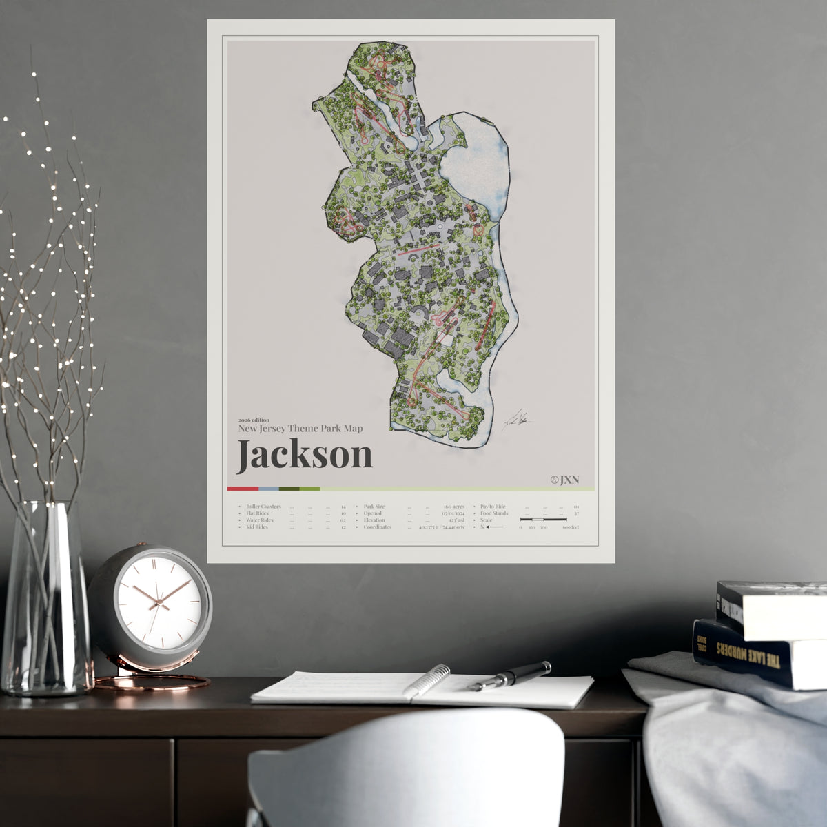 Jackson New Jersey theme park map print shown framed in a room