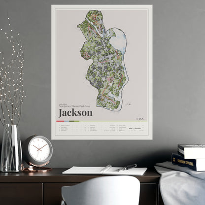 Jackson New Jersey theme park map print shown framed in a room